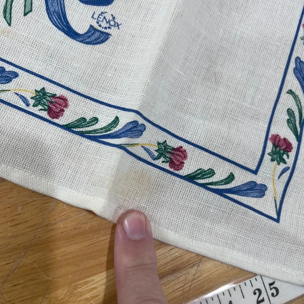 Vtg Lenox Floral Bouquet Blue Bow White Linen Hand Tea Towel 16x25